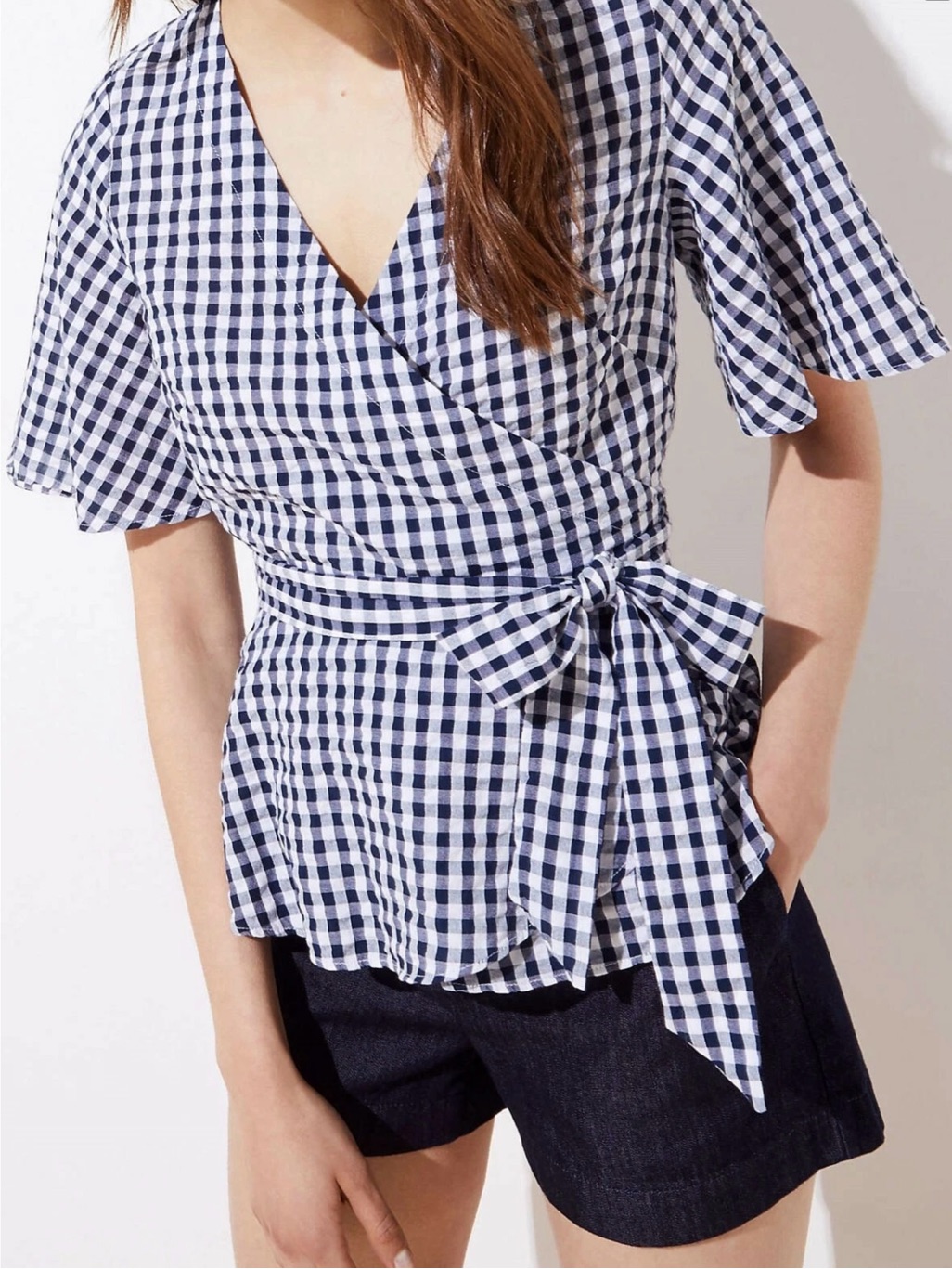 Loft Gingham Check Wrap Peplum Navy & White Cotton Top - Size S